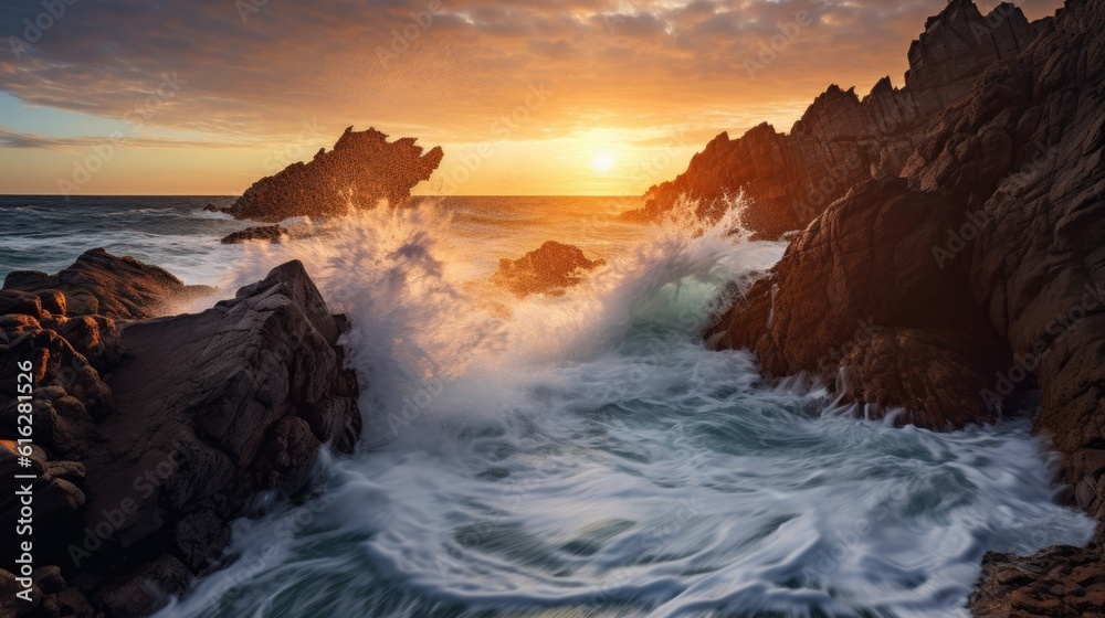 Waves of Majesty: Powerful Crashing Waves on Rocky Cliffs during Sunrise, AI Generative