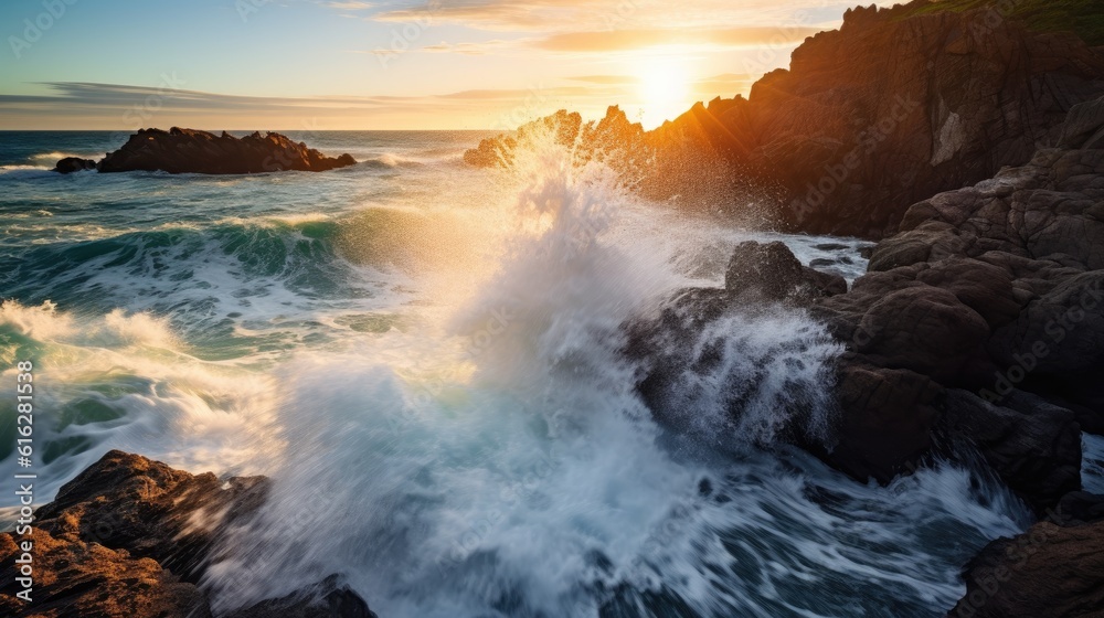 Fototapeta premium Sunrise Splendor: Captivating Scene with Waves and Rocks under Dramatic Sky, AI Generative
