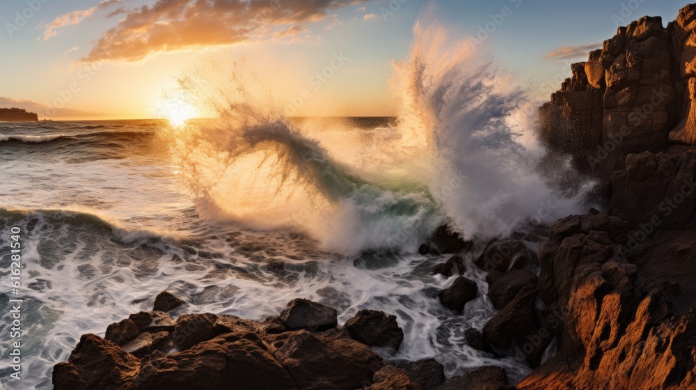 Coastal Spectacle: Powerful Waves Clash with Jagged Rocks under a Vibrant Sky, AI Generative