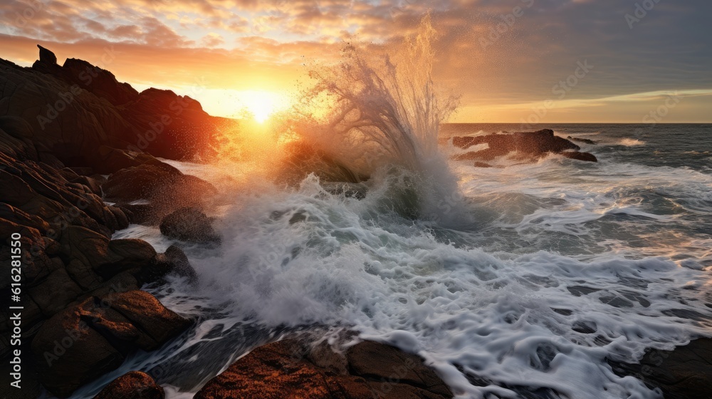 Harmonic Encounter: Enchanting Meeting of Waves and Rocks under Sunrise, AI Generative