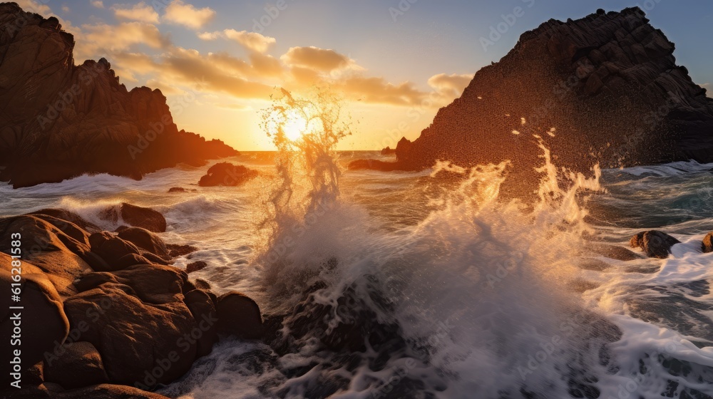 Fototapeta premium Dramatic Splendor: Captivating Scene with Waves and Rocks under Vibrant Hues, AI Generative