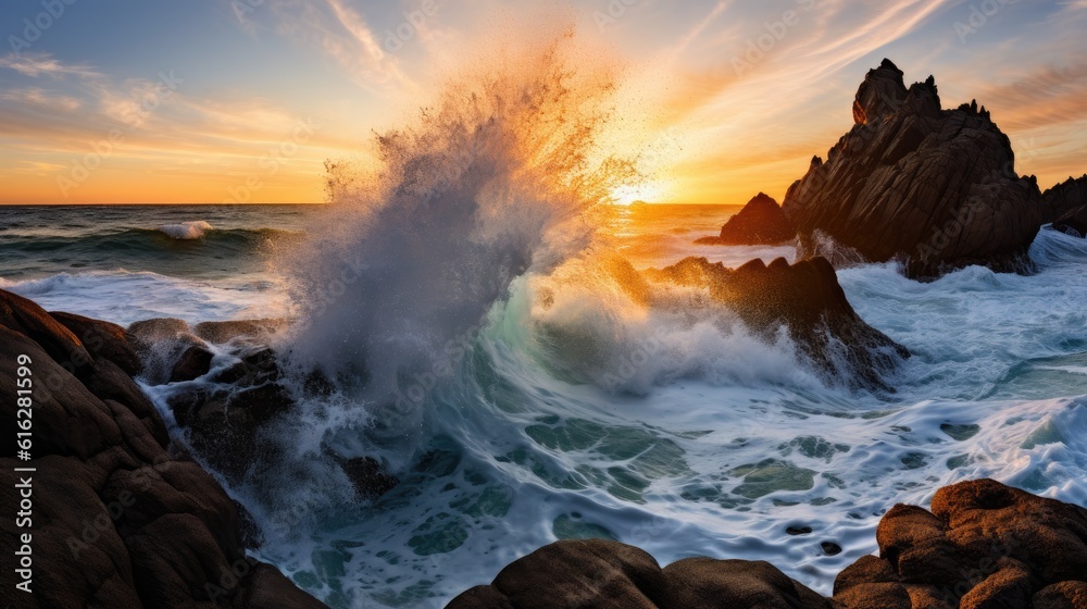 Ocean Symphony: Breathtaking Clash of Waves and Rocky Shore under Fiery Skies, AI Generative