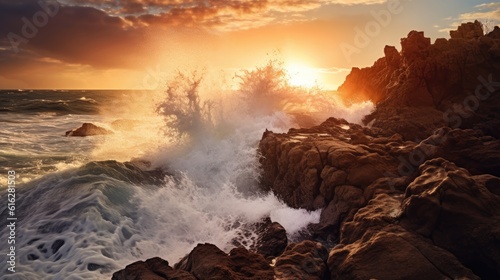 Dynamic Nature: Powerful Waves Breaking against Rocky Coastline at Sunrise, AI Generative