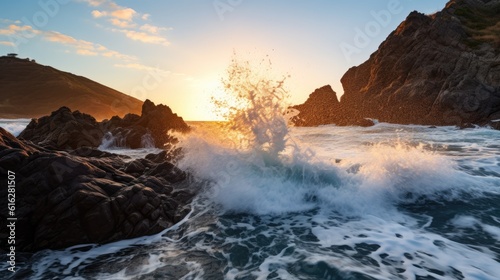 Sunrise Marvel: Spellbinding Encounter of Waves and Rocks under Vibrant Hues, AI Generative
