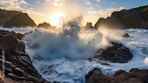 Coastal Majesty: Striking Waves Clash with Jagged Rocks under a Dramatic Sunrise, AI Generative