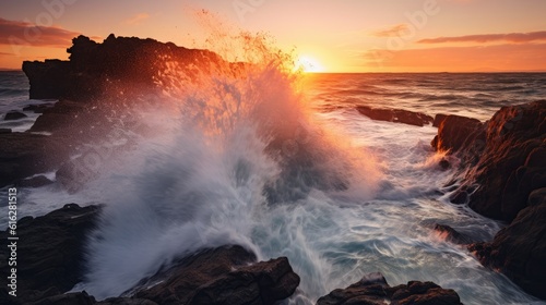Dynamic Splendor: Majestic Ocean Waves Breaking on Rugged Cliffs, AI Generative