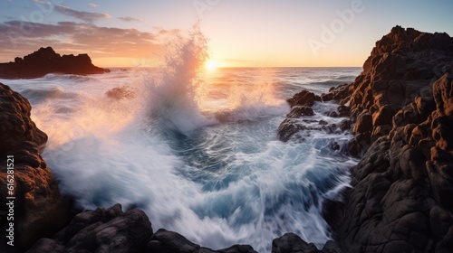 Tranquil Power  Serene Sunrise Scene with Waves Meeting Rocky Coastline  AI Generative