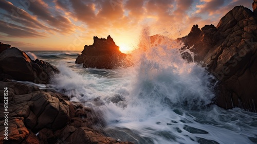 Oceanic Drama: Striking Waves Crashing against Dramatic Rocky Shore at Sunrise, AI Generative