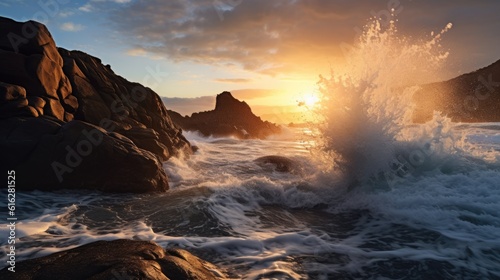 Coastal Energy: Striking Waves Breaking against Jagged Shoreline at Sunrise, AI Generative