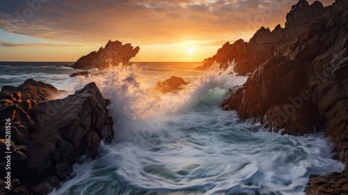 Waves of Majesty  Powerful Crashing Waves on Rocky Cliffs during Sunrise  AI Generative