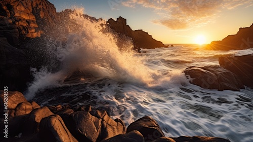 Tumultuous Nature: Captivating Collision of Waves and Rocky Coastline, AI Generative