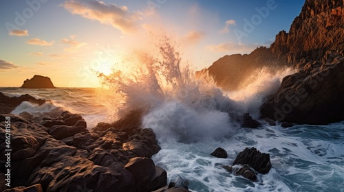 Dramatic Symphony: Magnificent Harmony of Waves and Rocks in Morning Glow, AI Generative