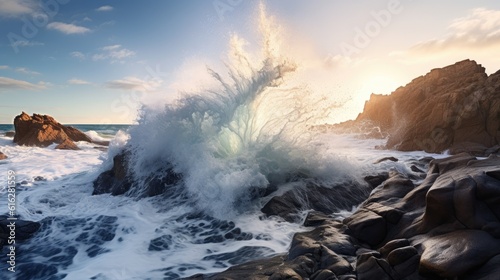 Majestic Beauty: Dynamic Waves Clashing with Jagged Shoreline at Sunrise, AI Generative