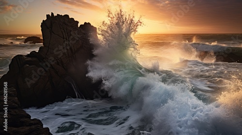 Nature's Tumult: Captivating Meeting of Waves and Rocky Coastline, AI Generative