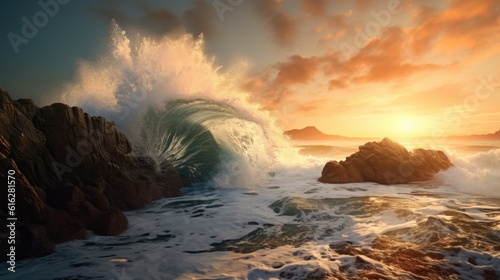 Dynamic Encounter: Majestic Waves Colliding with Rugged Shoreline, AI Generative