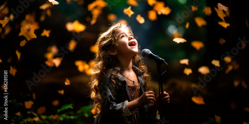 young girl singing her heart out on a makeshift stage in the garden, her voice carrying the melody of childhood dreams