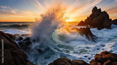 Ocean Symphony: Breathtaking Clash of Waves and Rocky Shore under Fiery Skies, AI Generative © NikoArakelyan
