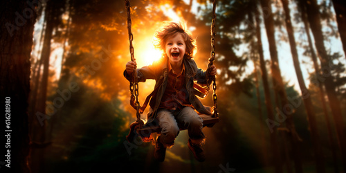young boy making a daring leap from the swing