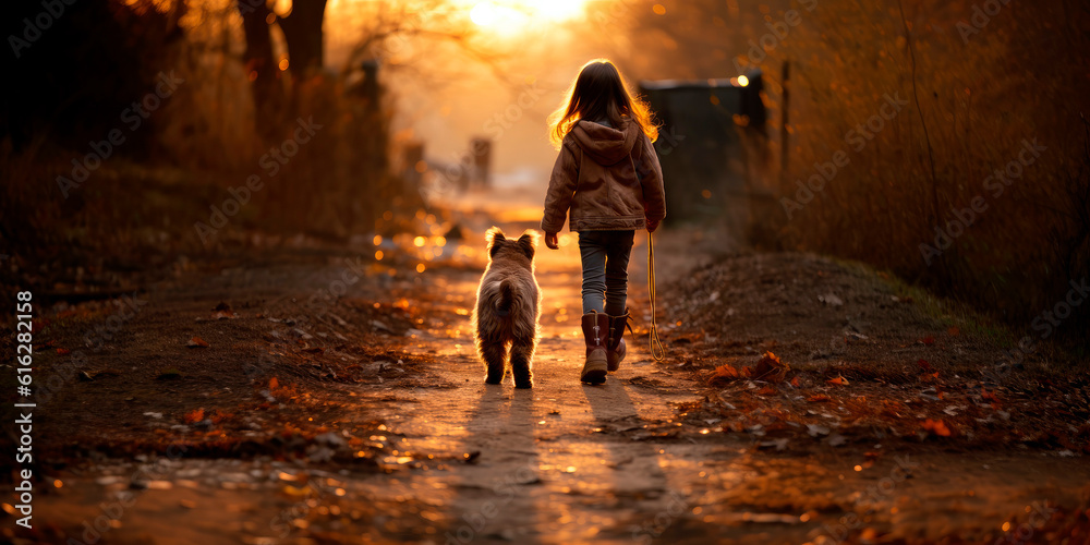 Fototapeta premium child walking their puppy for the first time