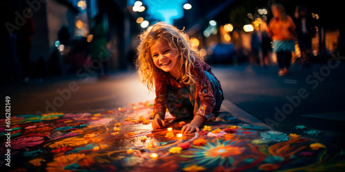young girl immersed in the colors of her sidewalk chalk art