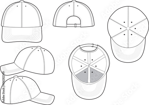 6 Panel Baseball Hat Technical Drawing Illustration Blank Streetwear Mock-up Template for Design and Tech Packs CAD Dad Hat