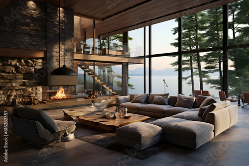 modern living room with window view to the lake © alphazero
