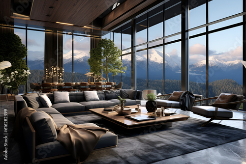modern living room with window view to the mountains