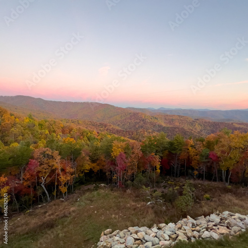 a view of the Blue Ridge Parkway during the autumn fall color changing season.