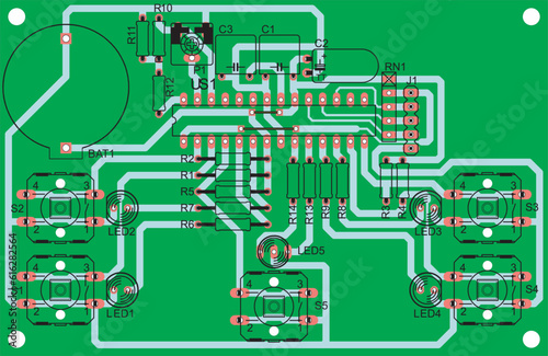 Vector printed circuit board of an electronic 
device with components of radio elements, 
conductors and contact pads placed on it. 
Engineering drawing of a pcb.