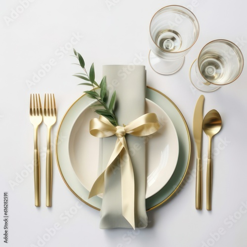 Festive wedding, birthday table setting with golden cutlery, eucalyptus parvifolia, silk ribbon and milk pitcher on white table background. Flat lay, top view. Empty created with Generative AI