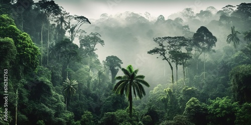 Rainforest landscape with trees and fog