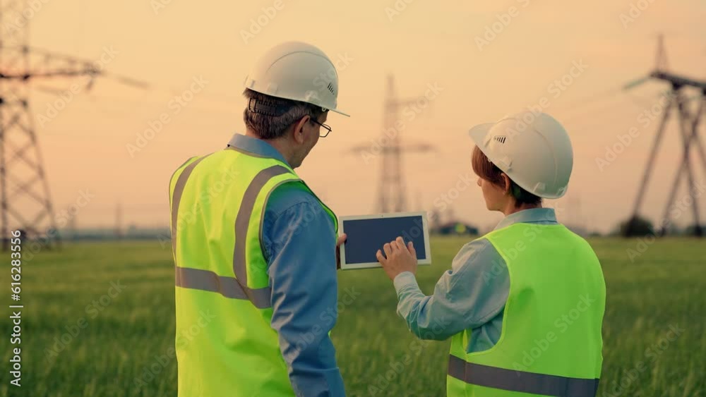 Business people, power construction. Two energy engineers work with computer tablet outdoors