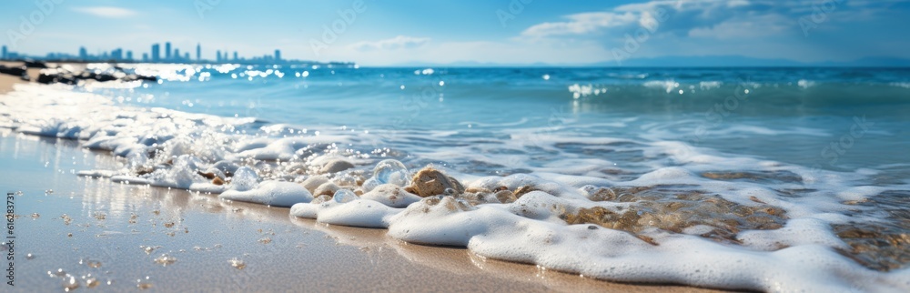 Tropical summer sand beach and bokeh sun light on sea background. Generative AI Tropical summer sand beach and bokeh sun light on sea background. Generative AI
