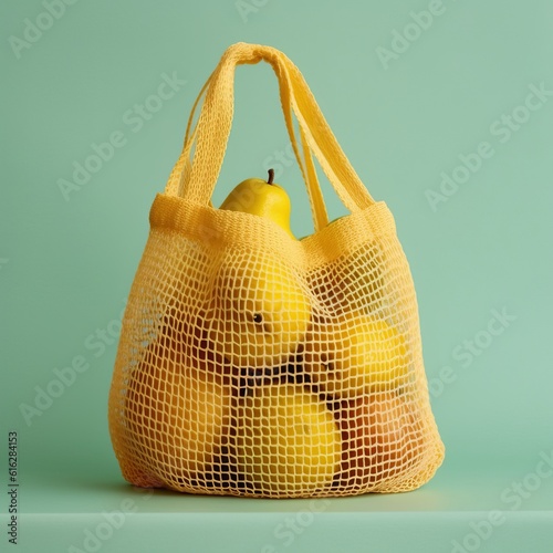  wicker string bag for fruits and vegetables. Ecological bag, eco food packaging made from recyclable materials. The concept of caring for nature. generative AI