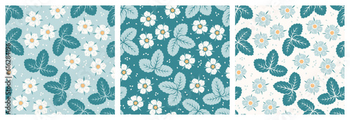 Vector Set of Summer Floral Seamless Patterns. Leaf and Flower of Strawberry. Vector Blue Background. Great for Textile, Wrapping Paper, Packaging etc.