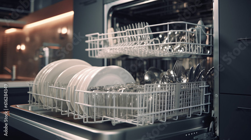 dishwasher finished cleaning dishes generative ai photo