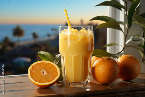 Glass of freshly squeezed orange juice in a cafe near the beach. Advertising photo. Generative Ai