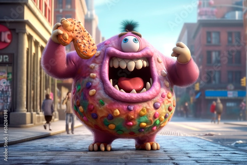 Funny overweight pink glutton character with snack. Generative AI. Sweet tooth walks around the city and eats on the go. Problems with weight, skin and allergies due to unhealthy food. photo