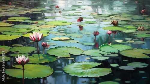 The surface of a calm pond with floating lily pads