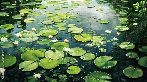 The surface of a calm pond with floating lily pads