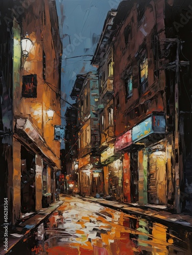 Impasto style digital painting of an empty street in the old city at night