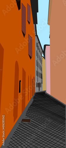 This vector illustration depicts a picturesque traditional narrow street in Italy. 