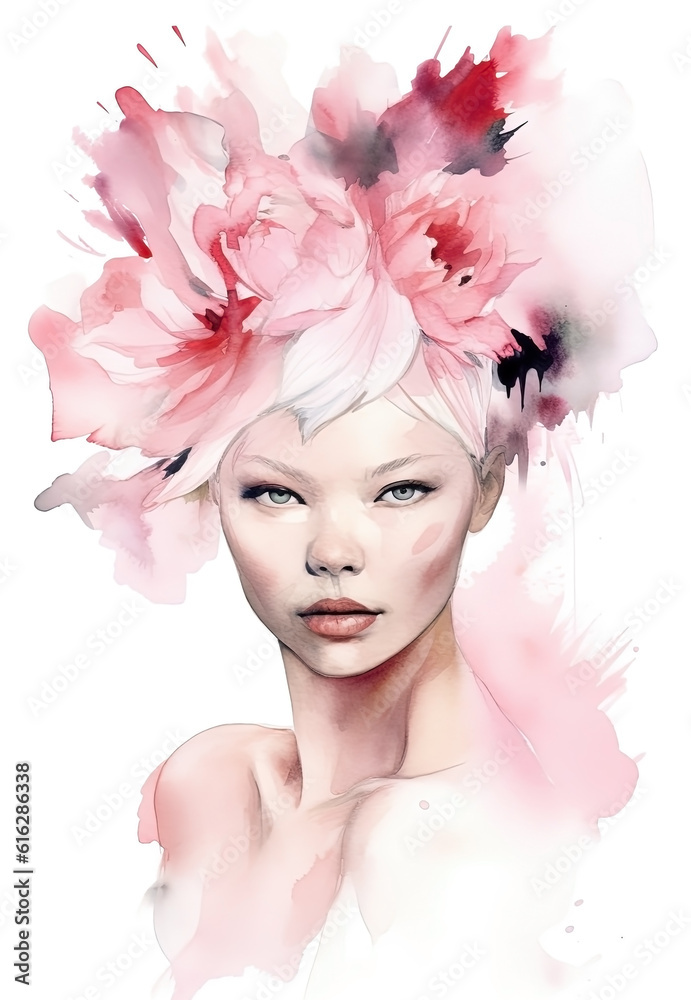 Watercolor portrait of a woman with flowers on her head illustration. Ai generated