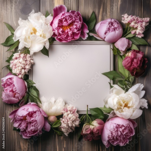 Decorative floral frame, banner made of pink and white peonies flowers. Old grey wooden table background. Empty copy space. Flat lay, top view created with Generative AI