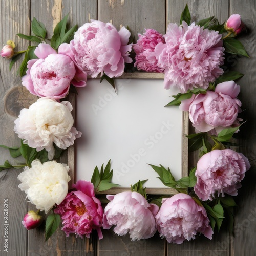 Decorative floral frame, banner made of pink and white peonies flowers. Old grey wooden table background. Empty copy space. Flat lay, top view created with Generative AI © mg photo