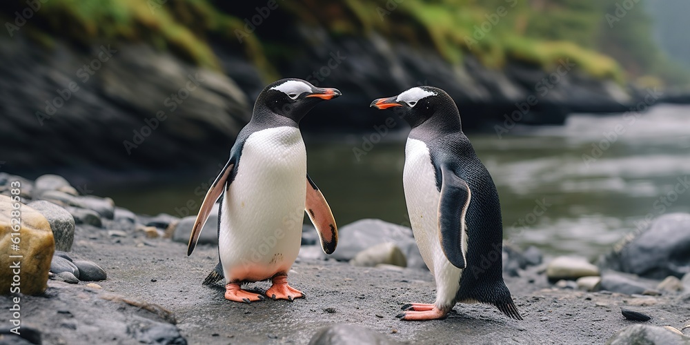 Fototapeta premium A couple of penguins standing next to each other