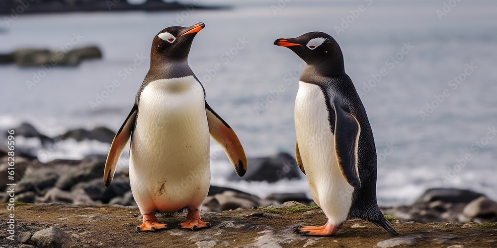 Fototapeta premium A couple of penguins standing next to each other