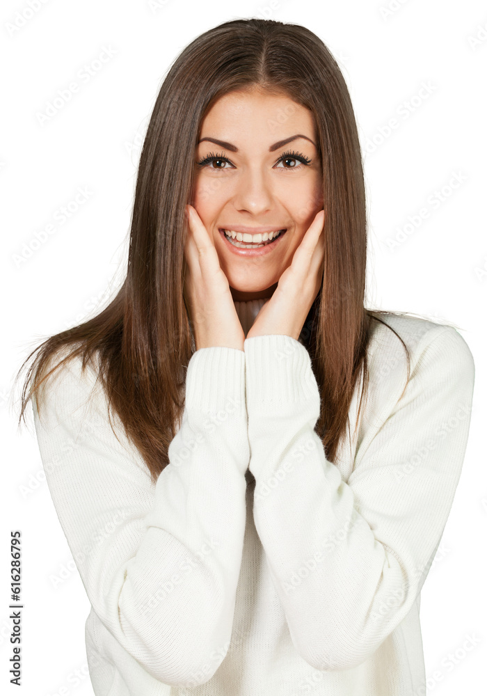 Happy Young Woman with Hands on Face - Isolated