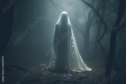 An ethereal figure, draped in white, standing amidst a foggy forest. Generative AI