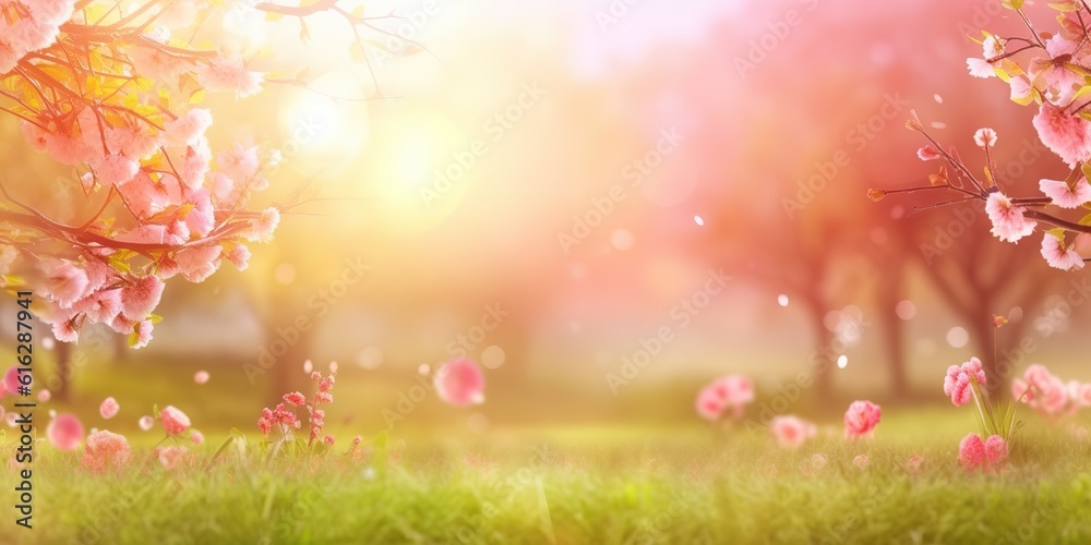 Fototapeta premium Abstract sunny spring background with blooming flowers and trees